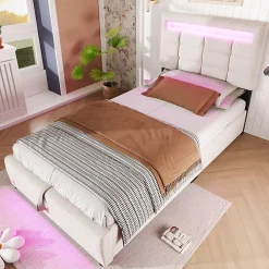 Redom Lit 90x200 cm lin beige avec rangement hydraulique et éclairage LED 16 couleurs contrôlable par application* Lit Avec Rangement