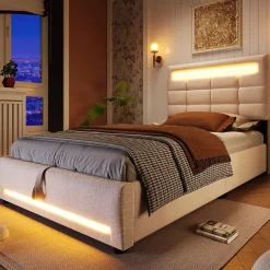Redom Lit 90x200 cm lin beige avec rangement hydraulique et éclairage LED 16 couleurs contrôlable par application* Lit Avec Rangement