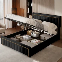 Lit 160x200 cm, Lit Coffre avec Rangement, Cadre de lit avec tête de Lit, Velours, Noir>Fortuna lai Best
