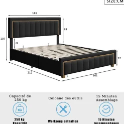 Lit 160x200 cm, Lit Coffre avec Rangement, Cadre de lit avec tête de Lit, Velours, Noir><noscript><img width=