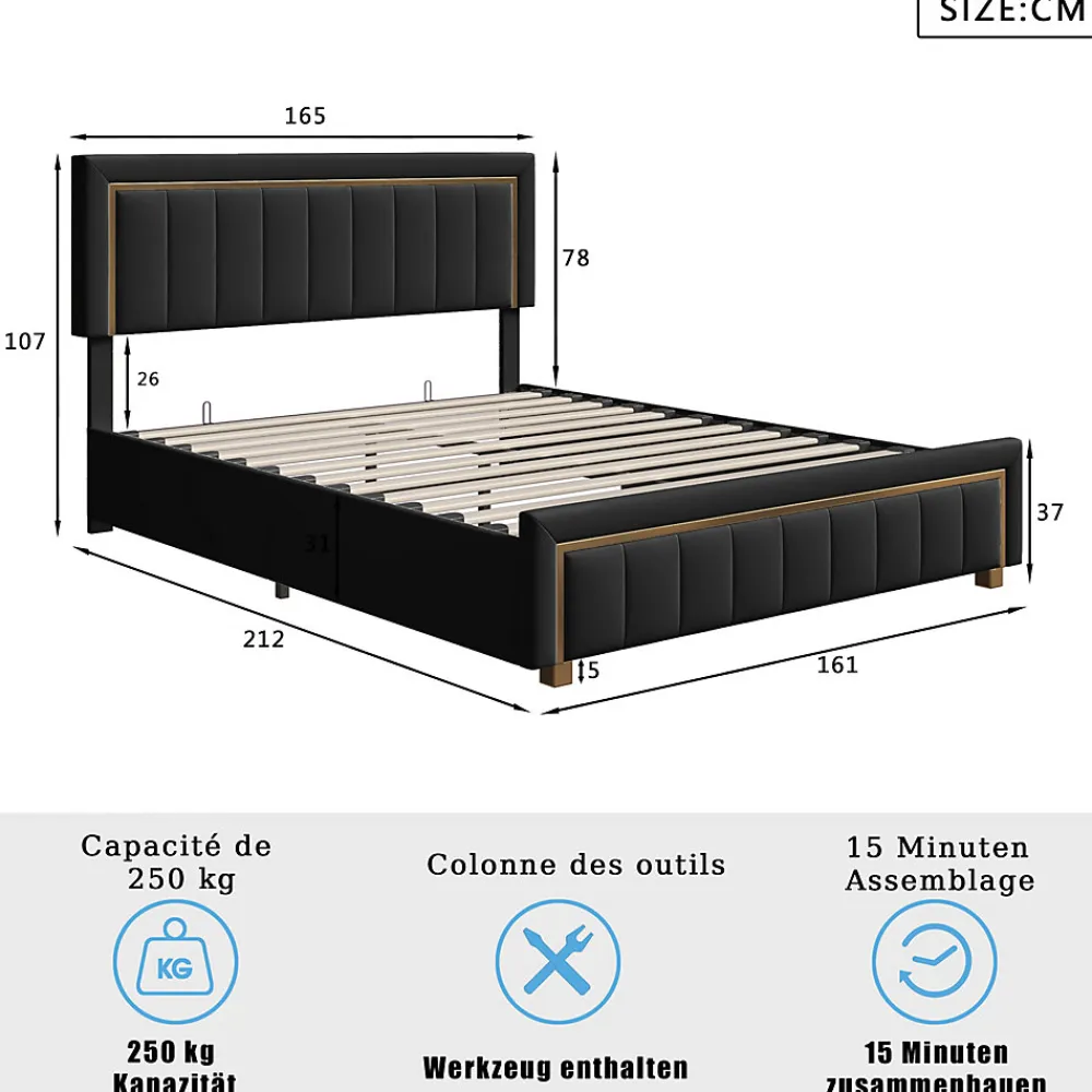 Lit 160x200 cm, Lit Coffre avec Rangement, Cadre de lit avec tête de Lit, Velours, Noir>Fortuna lai Best