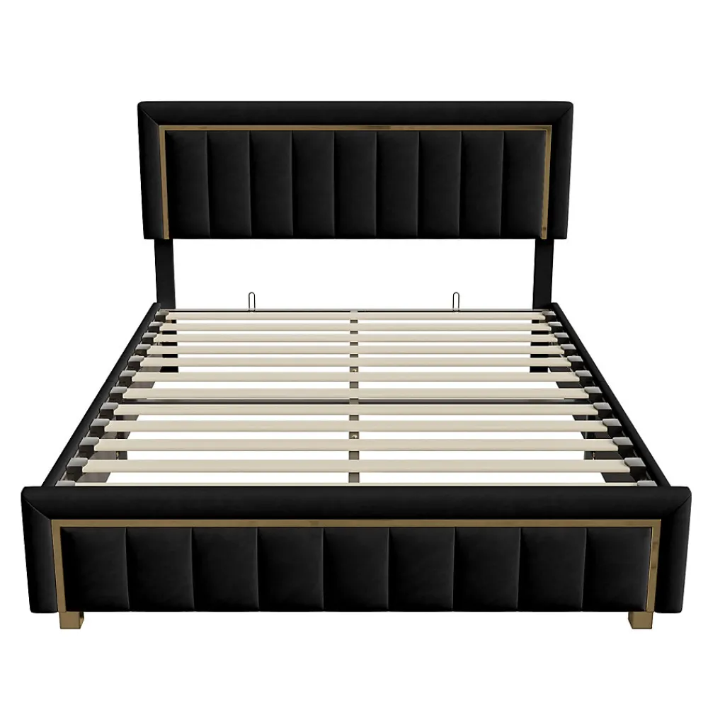 Lit 160x200 cm, Lit Coffre avec Rangement, Cadre de lit avec tête de Lit, Velours, Noir>Fortuna lai Best