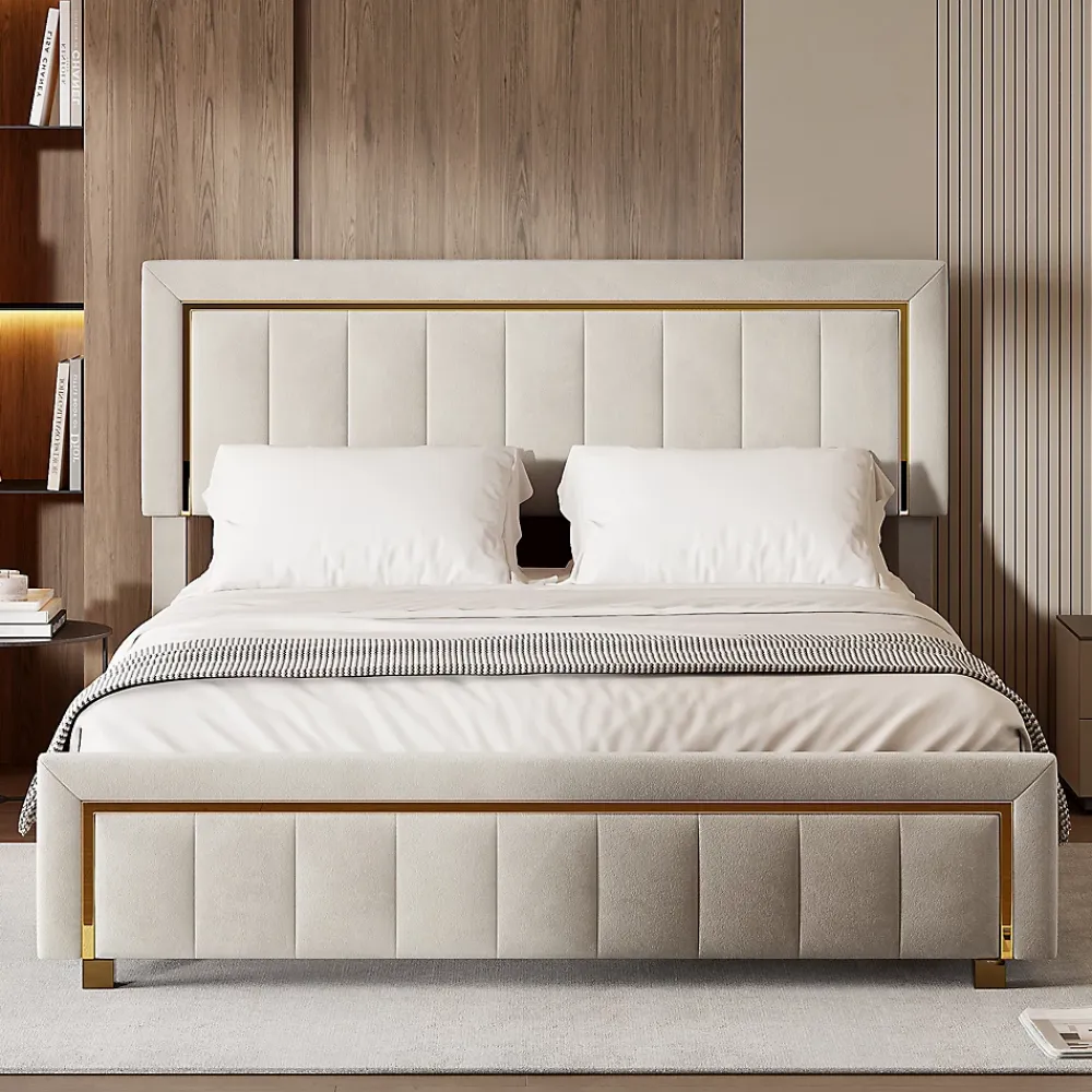 Simple Life Lit 160x200 Cm, Lit Coffre Avec Rangement, Cadre De Lit Avec Tête De Lit, Velours, Beige* Lit Coffre