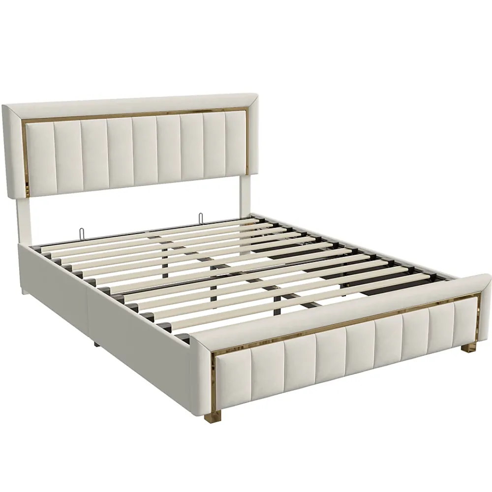 Simple Life Lit 160x200 Cm, Lit Coffre Avec Rangement, Cadre De Lit Avec Tête De Lit, Velours, Beige* Lit Coffre
