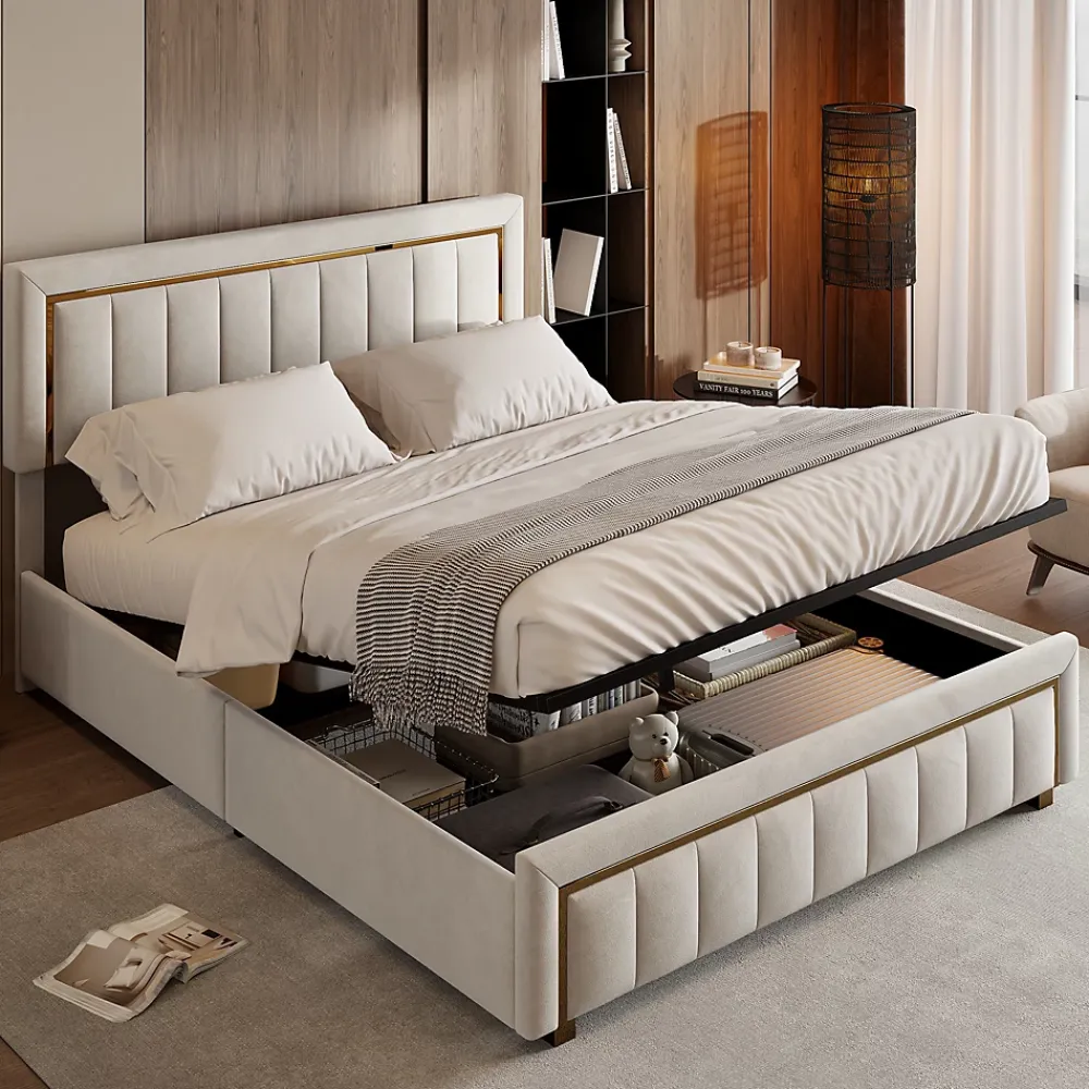 Simple Life Lit 160x200 Cm, Lit Coffre Avec Rangement, Cadre De Lit Avec Tête De Lit, Velours, Beige* Lit Coffre