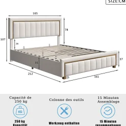 Simple Life Lit 160x200 Cm, Lit Coffre Avec Rangement, Cadre De Lit Avec Tête De Lit, Velours, Beige* Lit Coffre