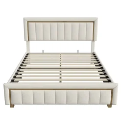 Simple Life Lit 160x200 Cm, Lit Coffre Avec Rangement, Cadre De Lit Avec Tête De Lit, Velours, Beige* Lit Coffre