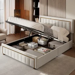 Simple Life Lit 160x200 Cm, Lit Coffre Avec Rangement, Cadre De Lit Avec Tête De Lit, Velours, Beige* Lit Coffre