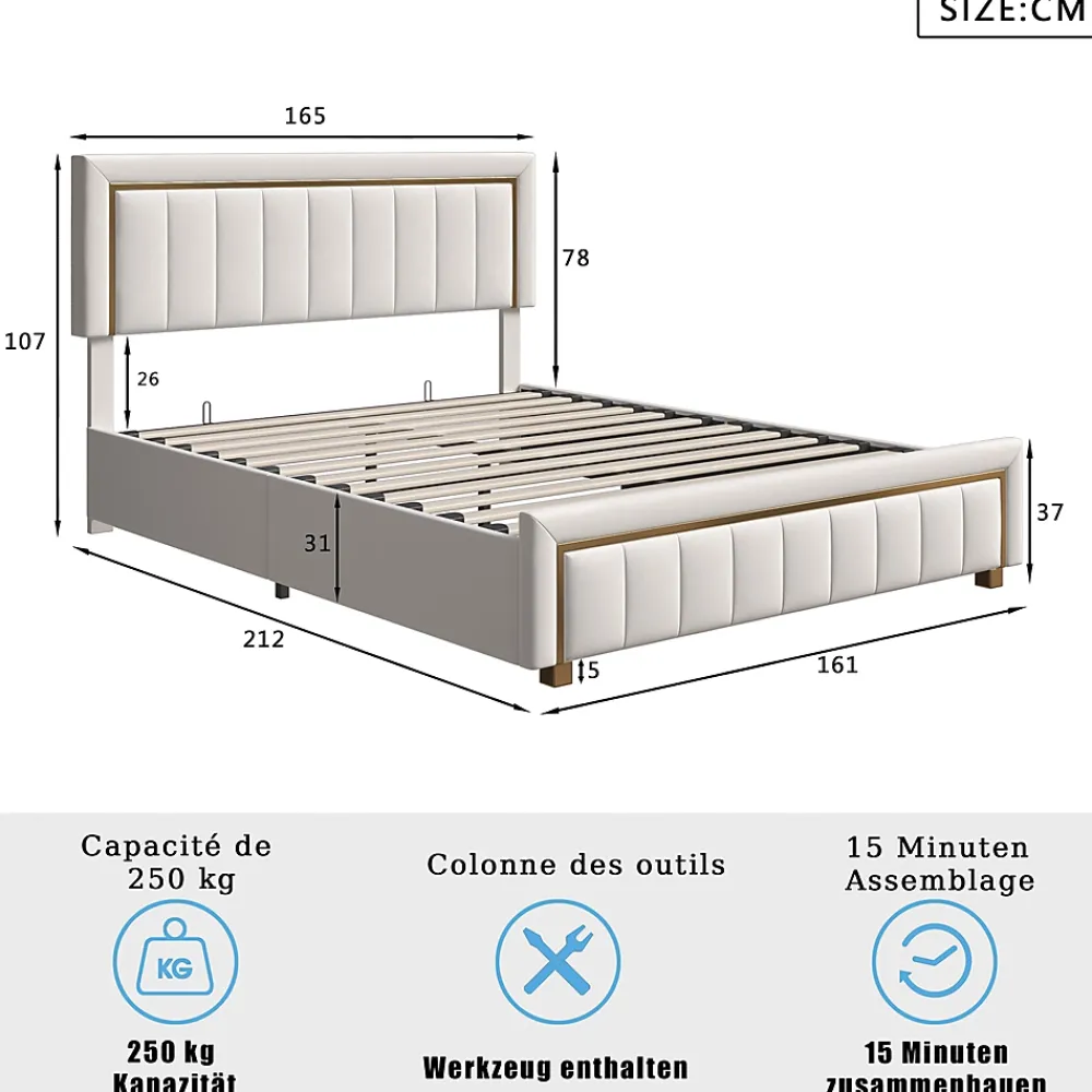 Simple Life Lit 160x200 cm, lit coffre, cadre de lit avec tête de lit, velours, beige* Lit Coffre