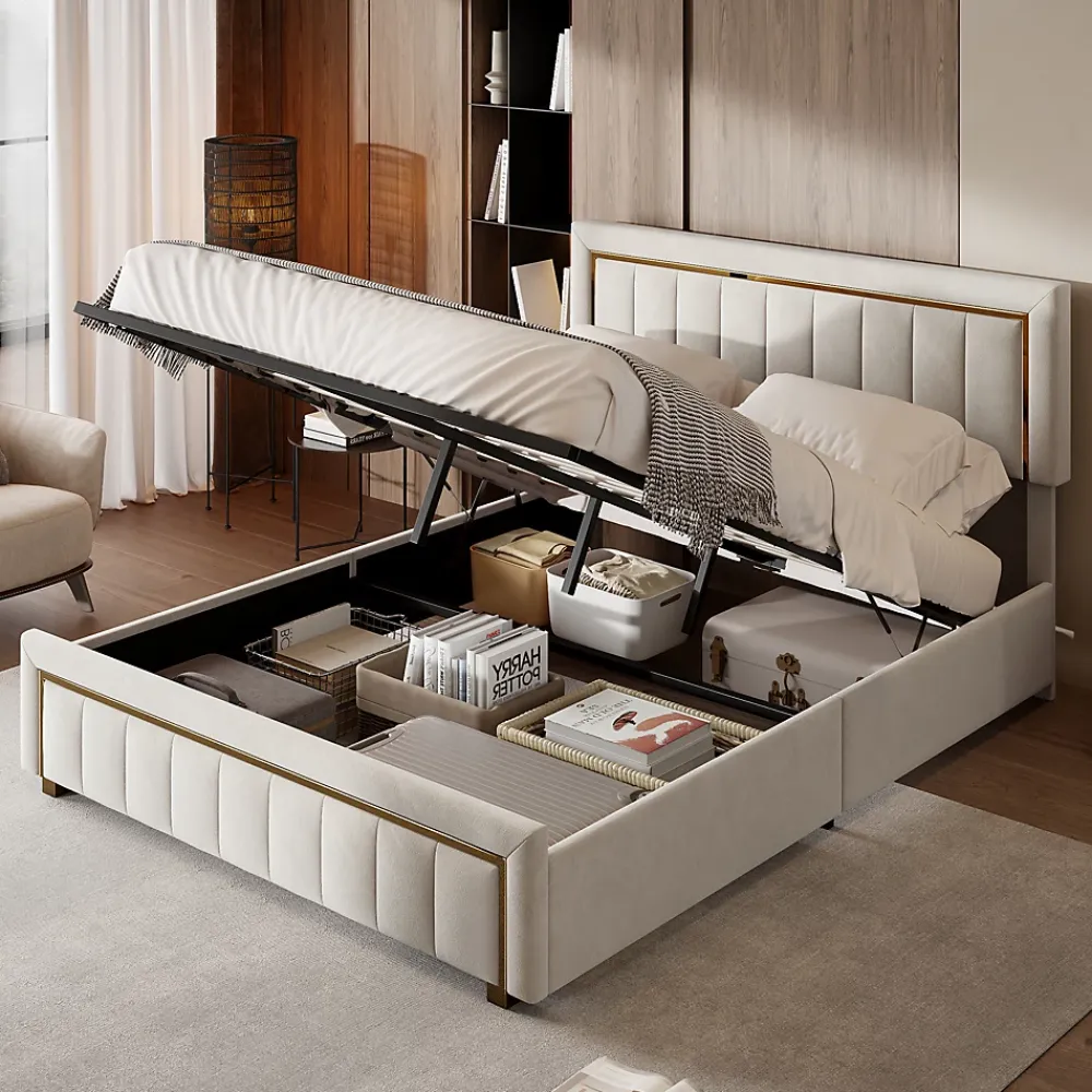 Simple Life Lit 160x200 cm, lit coffre, cadre de lit avec tête de lit, velours, beige* Lit Coffre