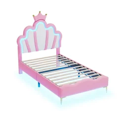 ProximaX Lit 90x200 cm, lit princess avec LED, tête de lit couronne, design moderne, rose* Lit Avec Rangement