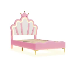 ProximaX Lit 90x200 cm, lit princess avec LED, tête de lit couronne, design moderne, rose* Lit Avec Rangement