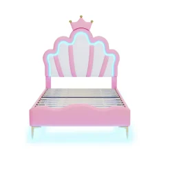 ProximaX Lit 90x200 cm, lit princess avec LED, tête de lit couronne, design moderne, rose* Lit Avec Rangement