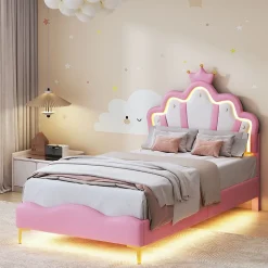 ProximaX Lit 90x200 cm, lit princess avec LED, tête de lit couronne, design moderne, rose* Lit Avec Rangement