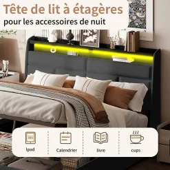 Lit 140x200 cm, Lit rembourré avec lumières LED, Lit à Fonction hydraulique lit d'appoint, pour Adultes, PU, Noir><noscript><img width=