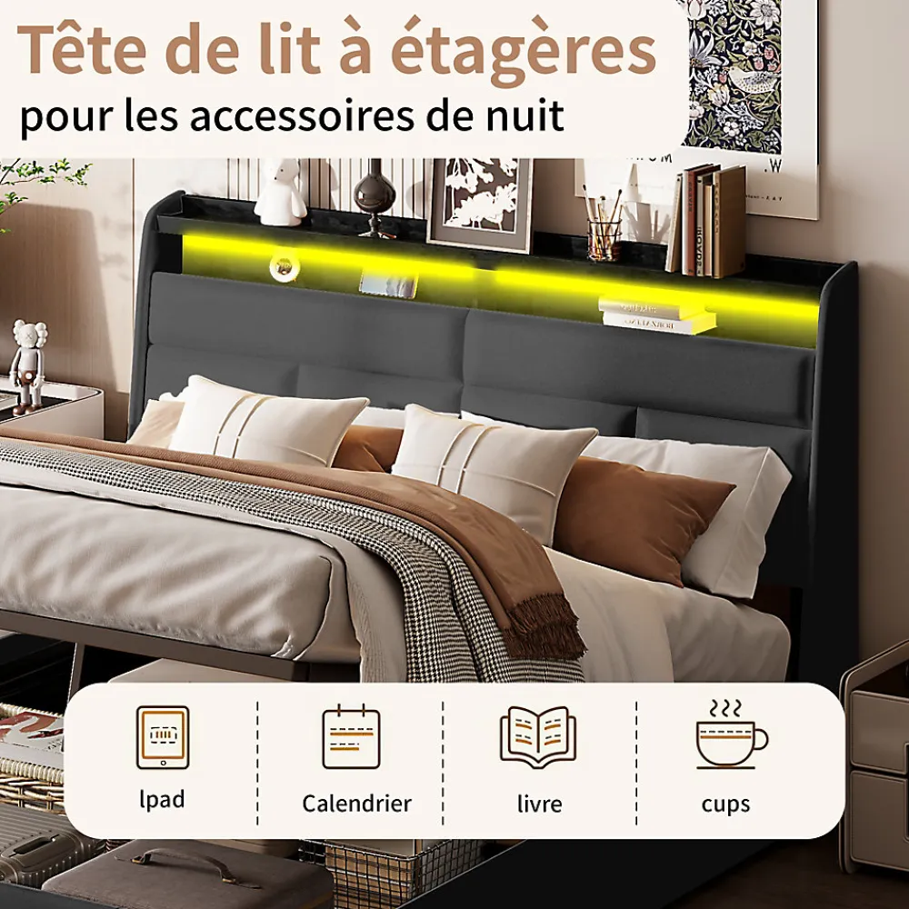 Lit 140x200 cm, Lit rembourré avec lumières LED, Lit à Fonction hydraulique lit d'appoint, pour Adultes, PU, Noir>Generique