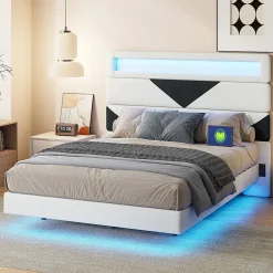 Lit 160x200 cm, MDF, avec USB et éclairage LED, Cadre de lit, lit flottant avec Tête de lit triangle, - Blanc>Simple Life New