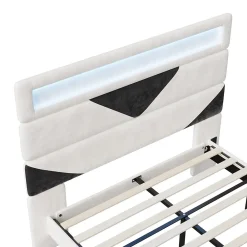 Lit 160x200 cm, MDF, avec USB et éclairage LED, Cadre de lit, lit flottant avec Tête de lit triangle, - Blanc><noscript><img width=