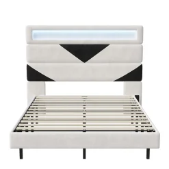 Lit 160x200 cm, MDF, avec USB et éclairage LED, Cadre de lit, lit flottant avec Tête de lit triangle, - Blanc><noscript><img width=