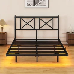 Lit 120x200 cm métal noir avec effet flottant et bande LED intégrée, design contemporain et lignes épurées><noscript><img width=
