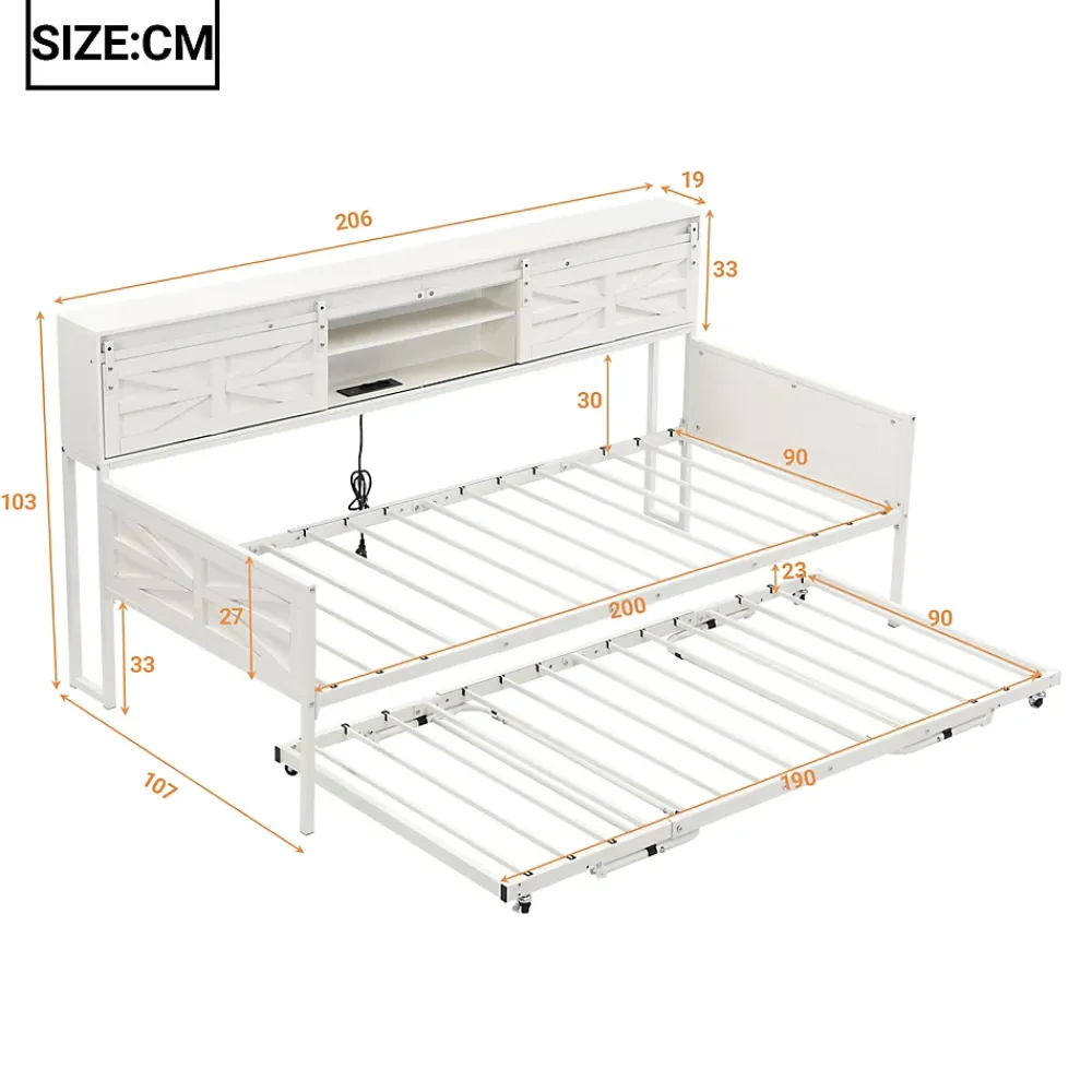 Redom Lit 90x200 cm multifonctionnel blanc avec rangements intégrés, prises électriques et cadre métal élégant*Enfant Lit Enfant