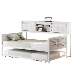 Redom Lit 90x200 cm multifonctionnel blanc avec rangements intégrés, prises électriques et cadre métal élégant*Enfant Lit Enfant