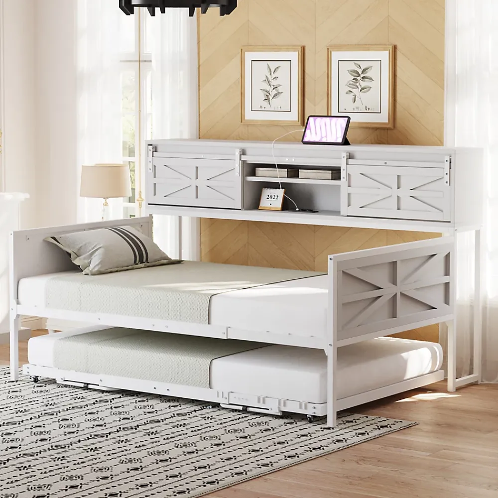 Redom Lit 90x200 cm multifonctionnel blanc avec rangements intégrés, prises électriques et cadre métal élégant*Enfant Lit Enfant
