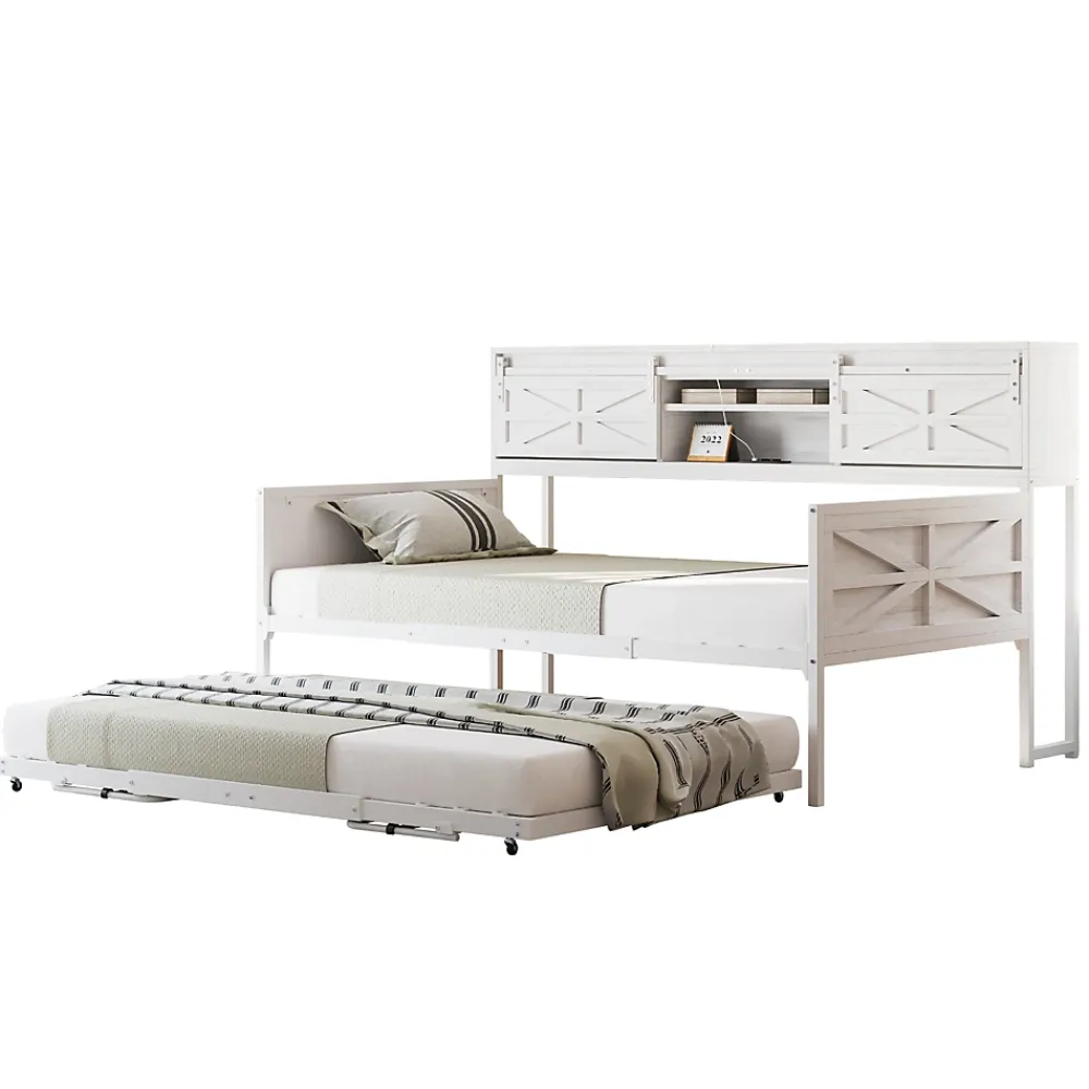 Redom Lit 90x200 cm multifonctionnel blanc avec rangements intégrés, prises électriques et cadre métal élégant*Enfant Lit Enfant