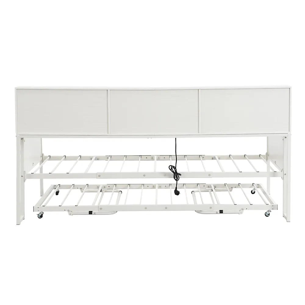 Redom Lit 90x200 cm multifonctionnel blanc avec rangements intégrés, prises électriques et cadre métal élégant*Enfant Lit Enfant