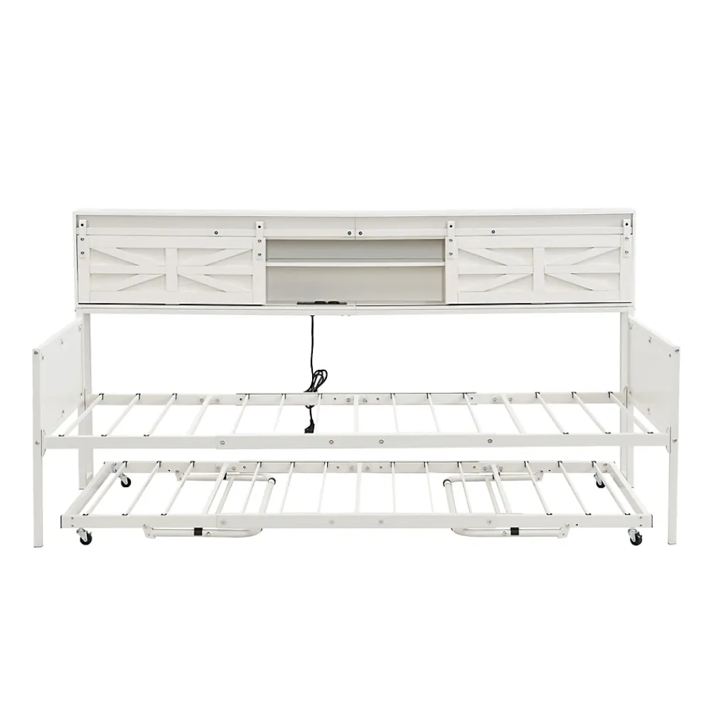 Redom Lit 90x200 cm multifonctionnel blanc avec rangements intégrés, prises électriques et cadre métal élégant*Enfant Lit Enfant