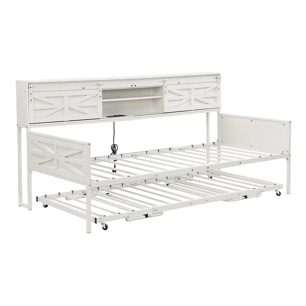 Redom Lit 90x200 cm multifonctionnel blanc avec rangements intégrés, prises électriques et cadre métal élégant*Enfant Lit Enfant