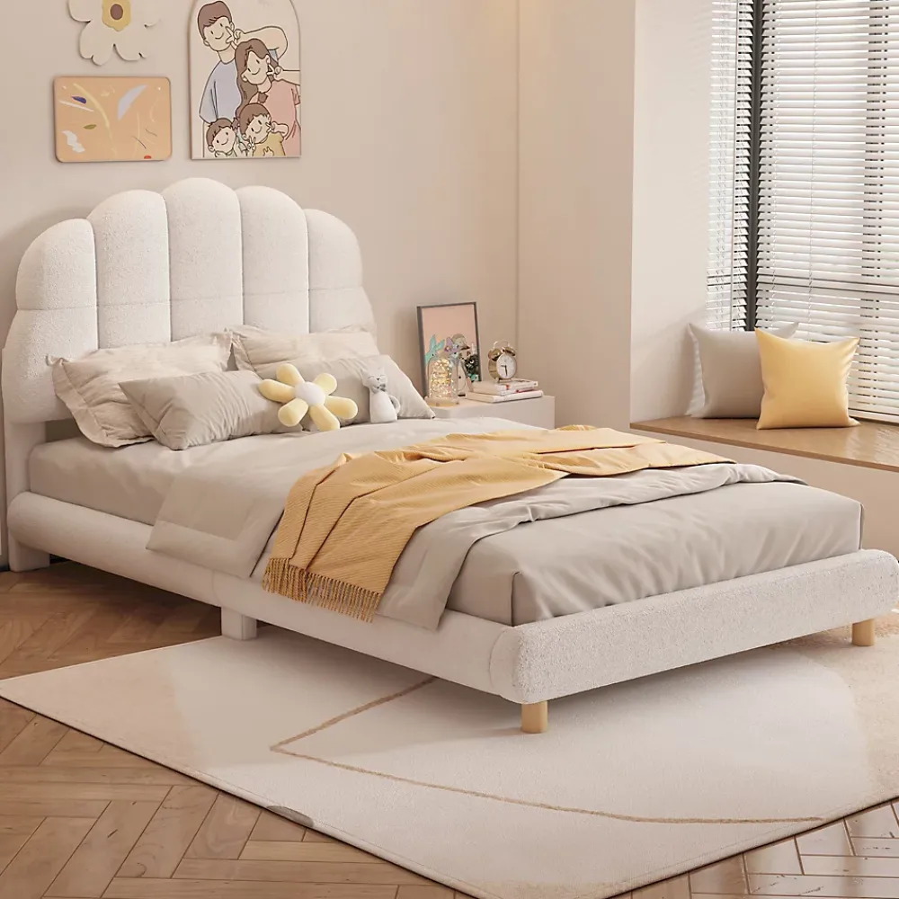 Redom Lit 90x200 cm pour enfant avec tête de lit rembourrée en plush blanc, cadre MDF, design floral et moderne*Enfant Lit Enfant