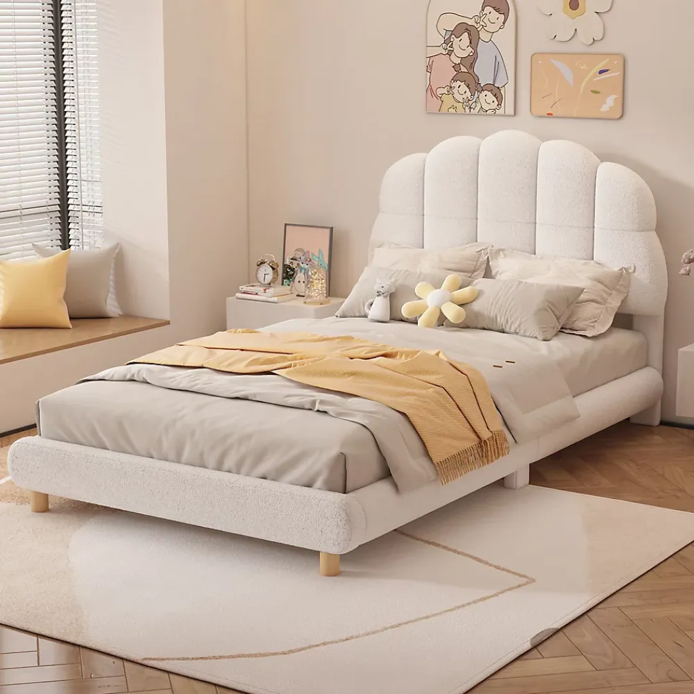 Redom Lit 90x200 cm pour enfant avec tête de lit rembourrée en plush blanc, cadre MDF, design floral et moderne*Enfant Lit Enfant