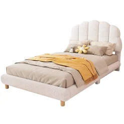 Redom Lit 90x200 cm pour enfant avec tête de lit rembourrée en plush blanc, cadre MDF, design floral et moderne*Enfant Lit Enfant