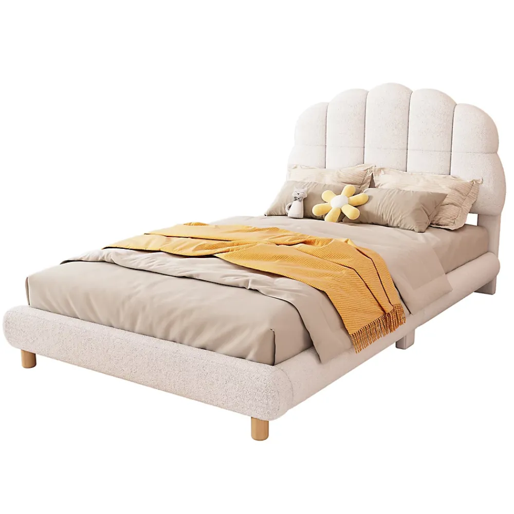 Redom Lit 90x200 cm pour enfant avec tête de lit rembourrée en plush blanc, cadre MDF, design floral et moderne*Enfant Lit Enfant