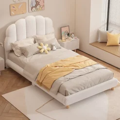 Redom Lit 90x200 cm pour enfant avec tête de lit rembourrée en plush blanc, cadre MDF, design floral et moderne*Enfant Lit Enfant