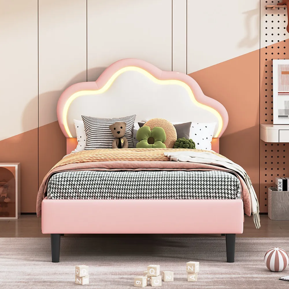 Lit 90x200 cm pour fille avec LED, tête de lit nuage ajustable, sommier à lattes, PU rose>Generique Online