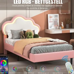 Lit 90x200 cm pour fille avec LED, tête de lit nuage ajustable, sommier à lattes, PU rose><noscript><img width=