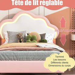 Lit 90x200 cm pour fille avec LED, tête de lit nuage ajustable, sommier à lattes, PU rose><noscript><img width=