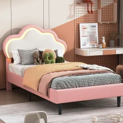 Lit 90x200 cm pour fille avec LED, tête de lit nuage ajustable, sommier à lattes, PU rose><noscript><img width=