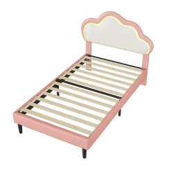 Lit 90x200 cm pour fille avec LED, tête de lit nuage ajustable, sommier à lattes, PU rose><noscript><img width=