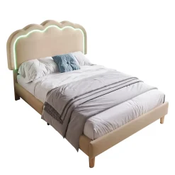 Lit 90x190 cm rembourré en lin beige avec tête de lit pouf LED réglable, cadre robuste et style contemporain><noscript><img width=