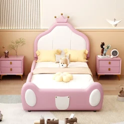 Redom Lit 90x200 cm rembourré en simili cuir bicolore blanc et rose avec tête en forme de couronne, design enfant*Enfant Lit Enfant