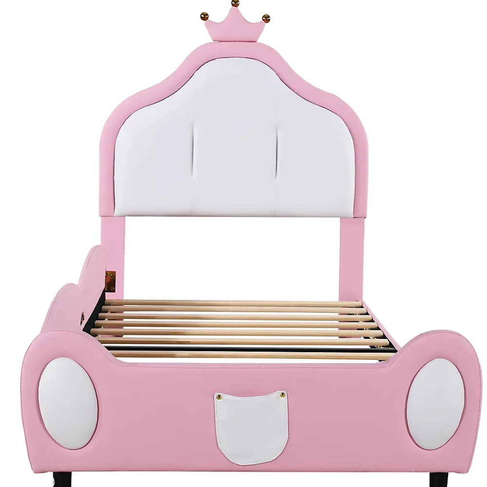 Redom Lit 90x200 cm rembourré en simili cuir bicolore blanc et rose avec tête en forme de couronne, design enfant*Enfant Lit Enfant