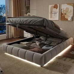 Lit 140x200 cm sans tête, coffre hydraulique avec LED blanche intégrée, tapissé flanelle beige, cadre métal 150 kg>Redom Outlet