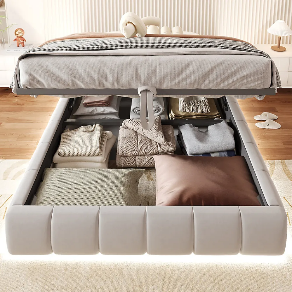 Lit 140x200 cm sans tête, coffre hydraulique avec LED blanche intégrée, tapissé flanelle beige, cadre métal 150 kg>Redom Outlet