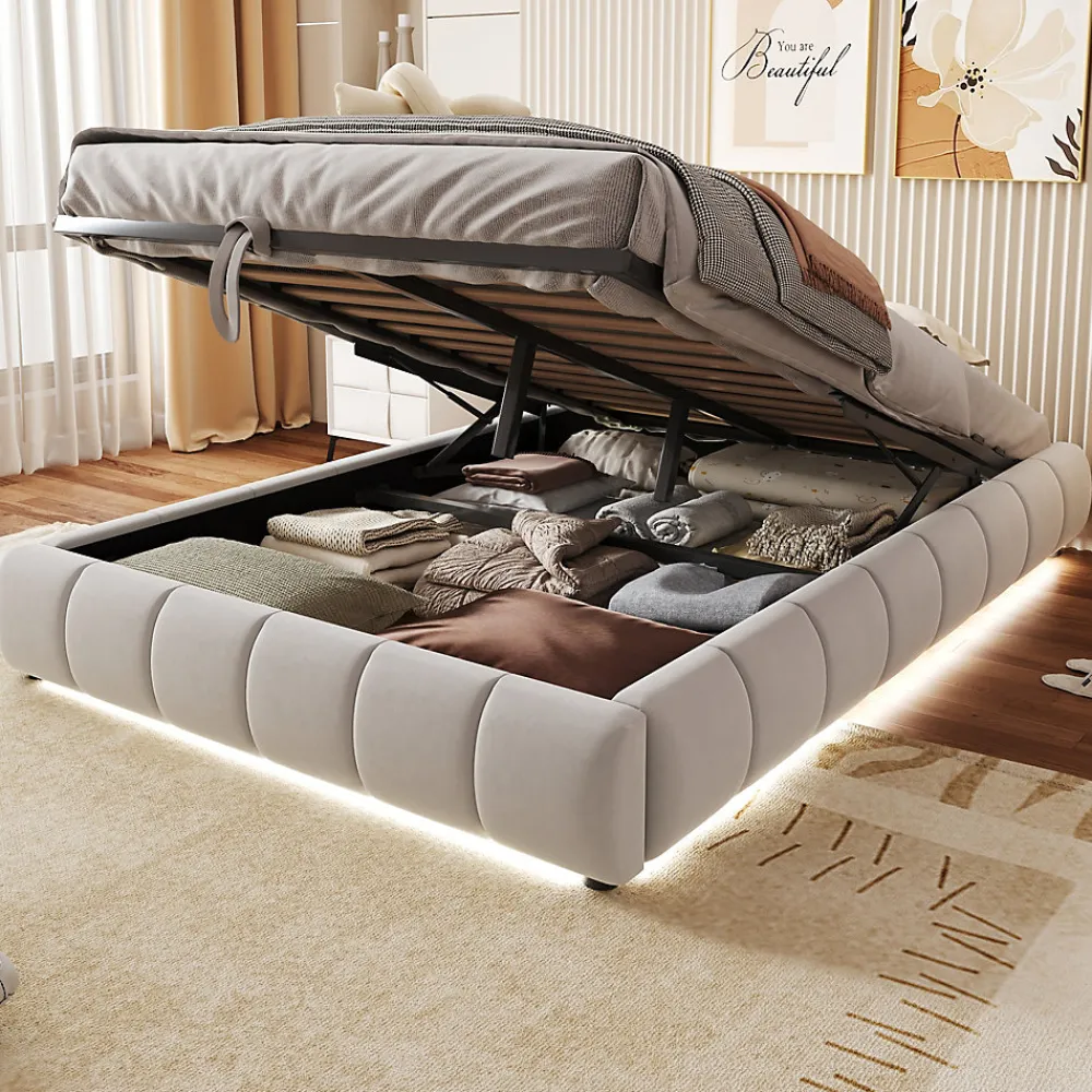 Lit 140x200 cm sans tête, coffre hydraulique avec LED blanche intégrée, tapissé flanelle beige, cadre métal 150 kg>Redom Outlet