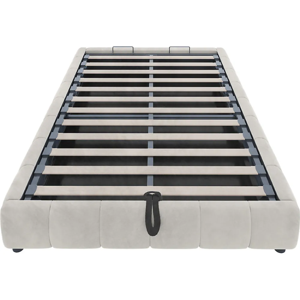 Lit 140x200 cm sans tête, coffre hydraulique avec LED blanche intégrée, tapissé flanelle beige, cadre métal 150 kg>Redom Outlet