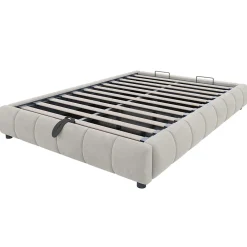 Lit 140x200 cm sans tête, coffre hydraulique avec LED blanche intégrée, tapissé flanelle beige, cadre métal 150 kg><noscript><img width=