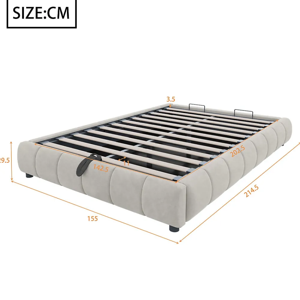 Lit 140x200 cm sans tête, coffre hydraulique avec LED blanche intégrée, tapissé flanelle beige, cadre métal 150 kg>Redom Outlet